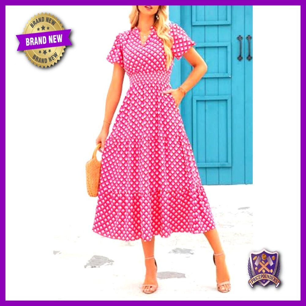 Floral Maxi Dress V Neck Puff Sleeve Smocked Waist Boho Summer Casual - Picture 6 of 7